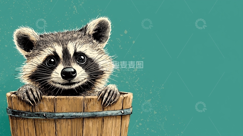高清大图下载【趣麦麦图】浣熊桶里探头