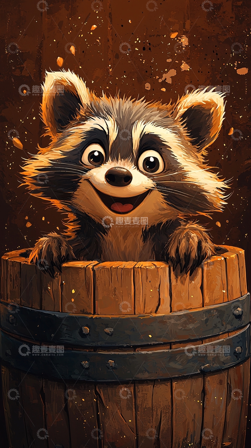 高清大图下载【趣麦麦图】木桶里的可爱小浣熊