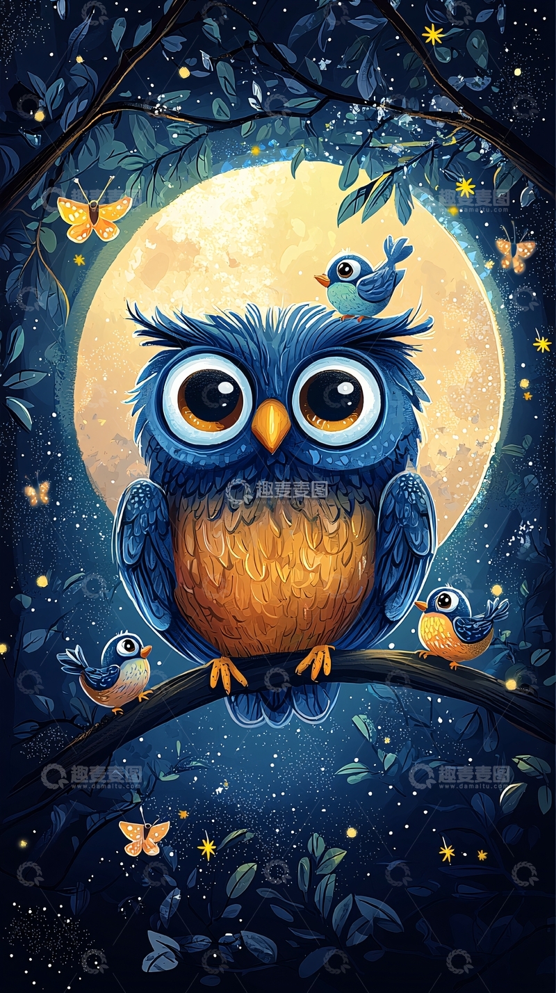 高清大图下载【趣麦麦图】卡通猫头鹰月夜插画