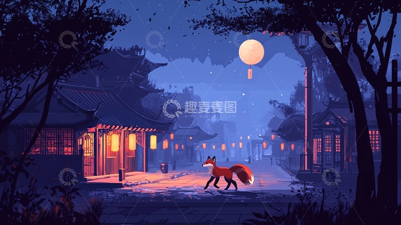 高清大图下载【趣麦麦图】夜晚小镇狐狸月色