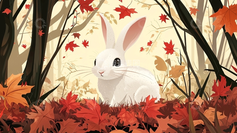 高清大图下载【趣麦麦图】秋天森林里的白色兔子