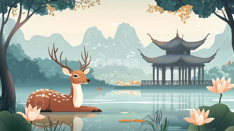 高清大图下载【趣麦麦图】水墨风格鹿和亭台