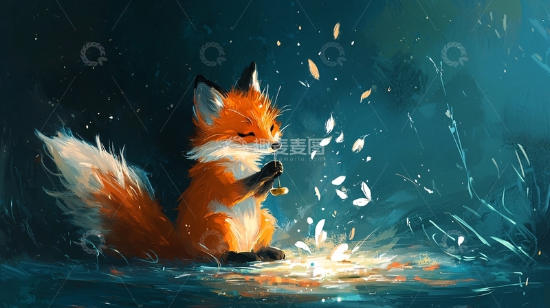 高清大图下载【趣麦麦图】小狐狸与发光体在蓝色背景下