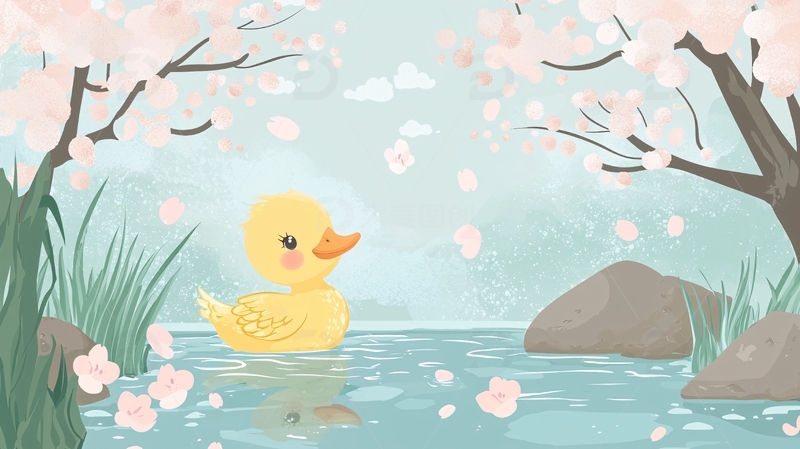 小鸭子在樱花树下的湖水中玩耍