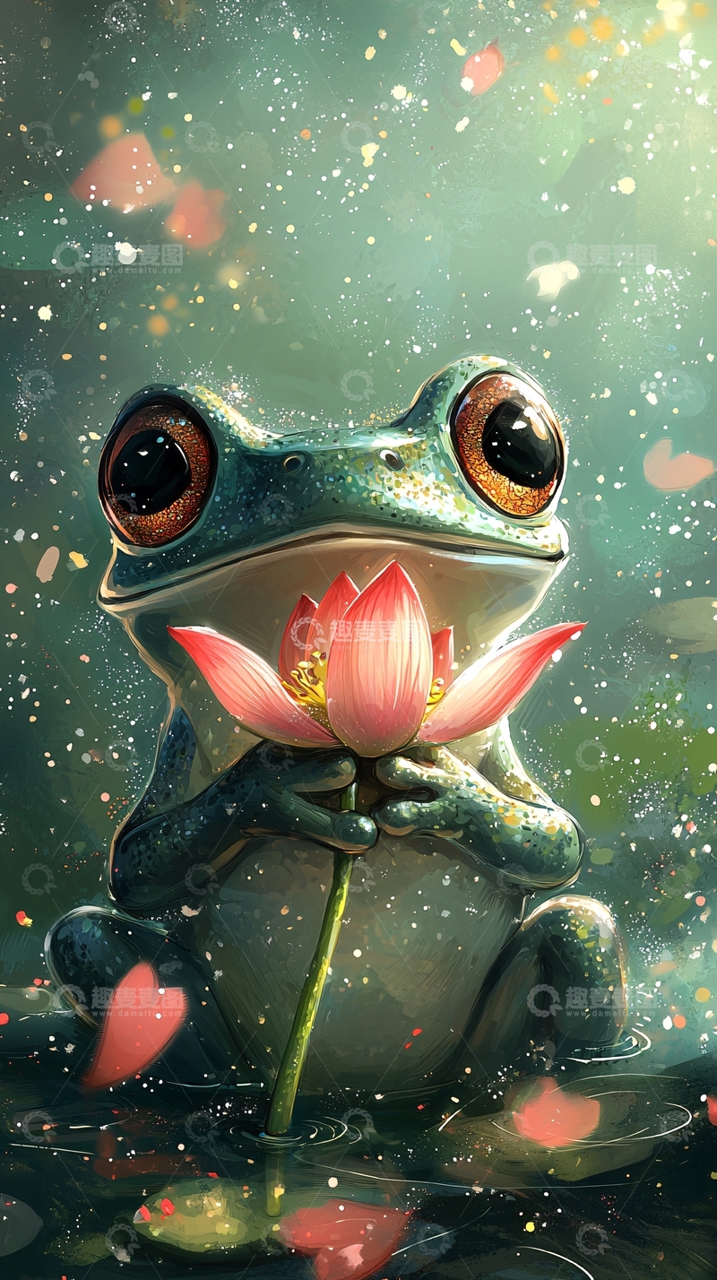 高清大图下载【趣麦麦图】抱着莲花的可爱青蛙