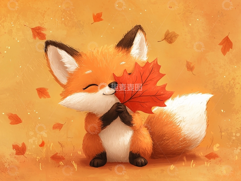 高清大图下载【趣麦麦图】卡通小狐狸抱着枫叶