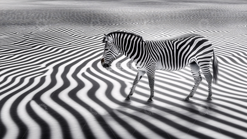 高清大图下载【趣麦麦图】斑马在扭曲的黑白线条背景中