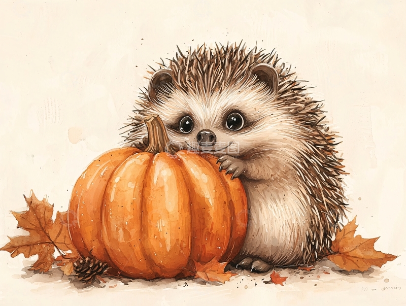 高清大图下载【趣麦麦图】可爱的小刺猬和南瓜