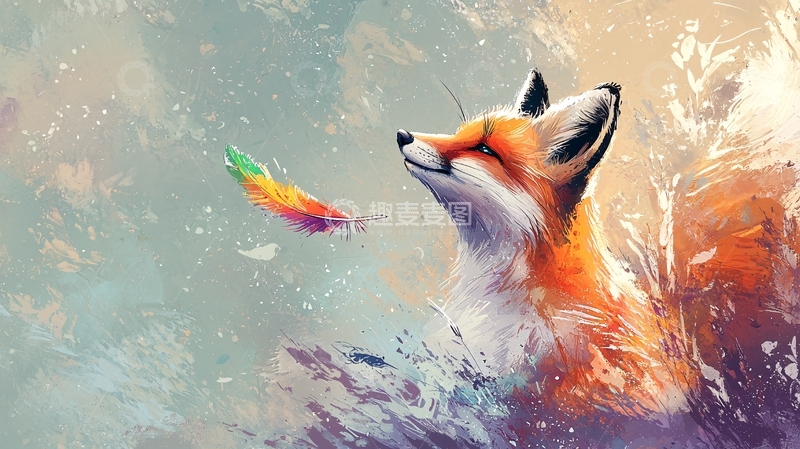高清大图下载【趣麦麦图】狐狸抬头看彩色羽毛