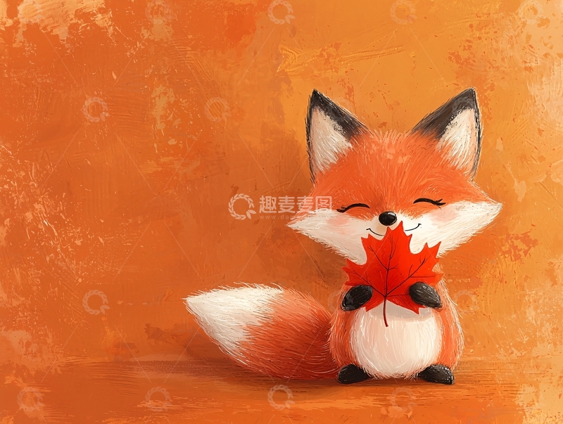 高清大图下载【趣麦麦图】可爱小狐狸抱着枫叶