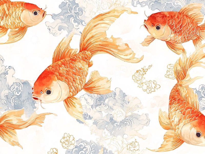 高清大图下载【趣麦麦图】金色鲤鱼水墨画风