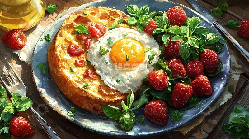 高清大图下载【趣麦麦图】煎蛋华夫饼配草莓