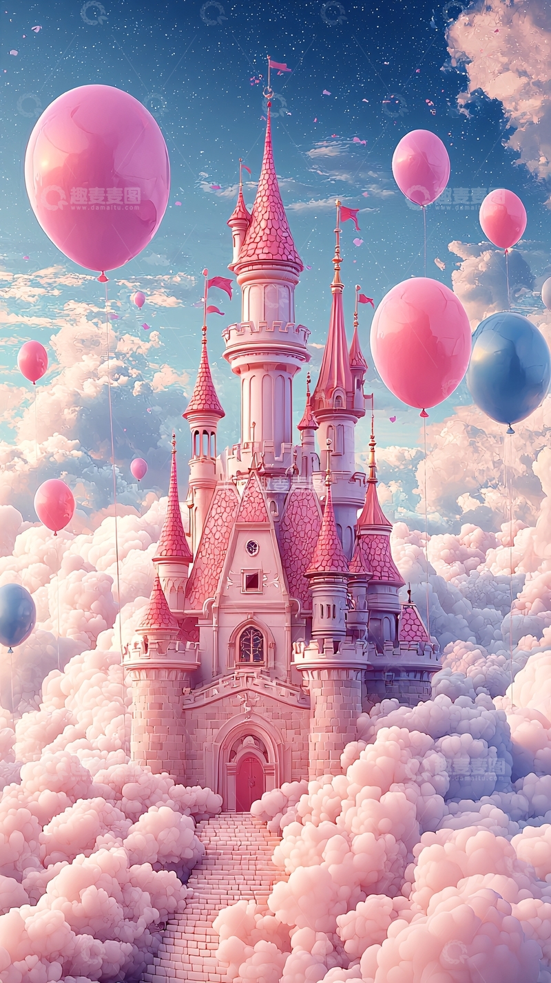 高清大图下载【趣麦麦图】粉色城堡气球云朵