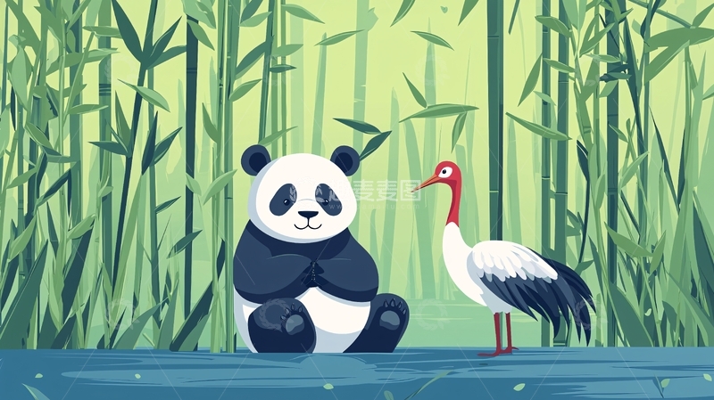 高清大图下载【趣麦麦图】熊猫和丹顶鹤在竹林