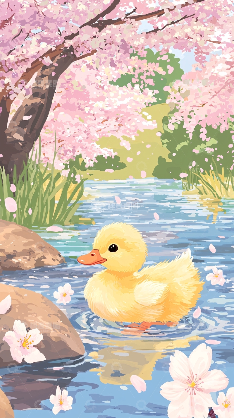 高清大图下载【趣麦麦图】小鸭子在樱花树下的小溪里