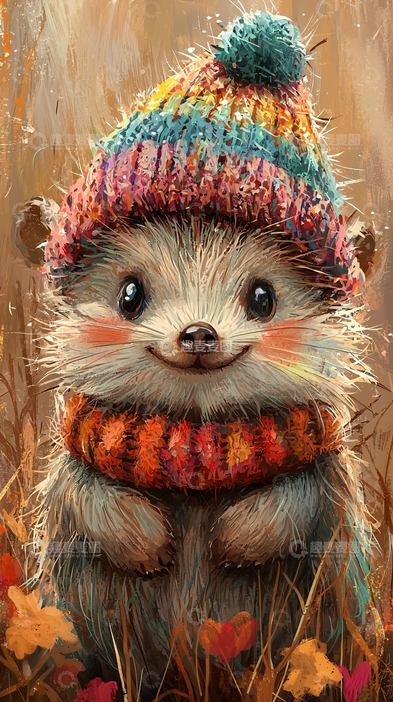 高清大图下载【趣麦麦图】戴着彩色帽子的可爱刺猬