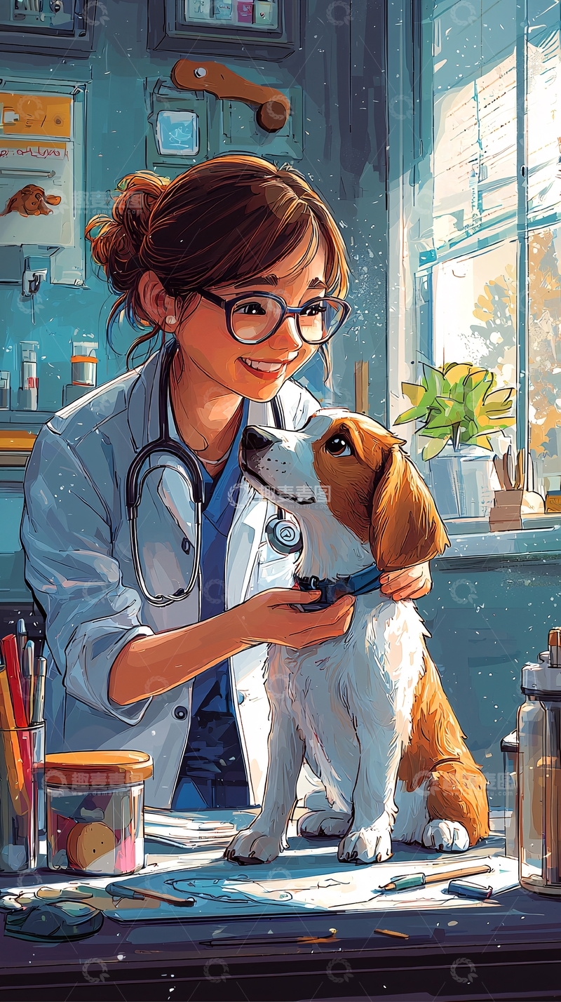 高清大图下载【趣麦麦图】女兽医与小狗互动