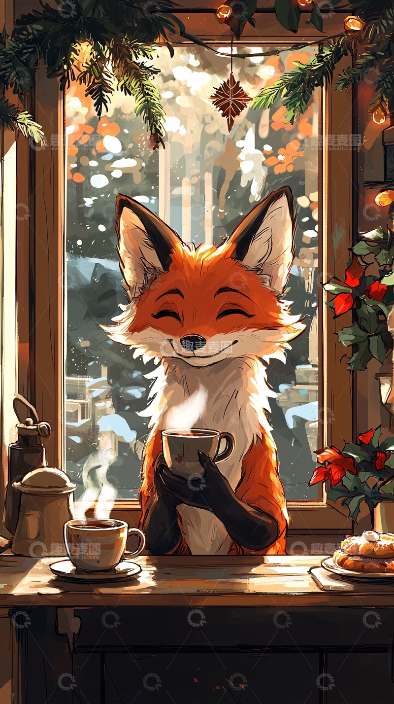 高清大图下载【趣麦麦图】窗边喝咖啡的狐狸