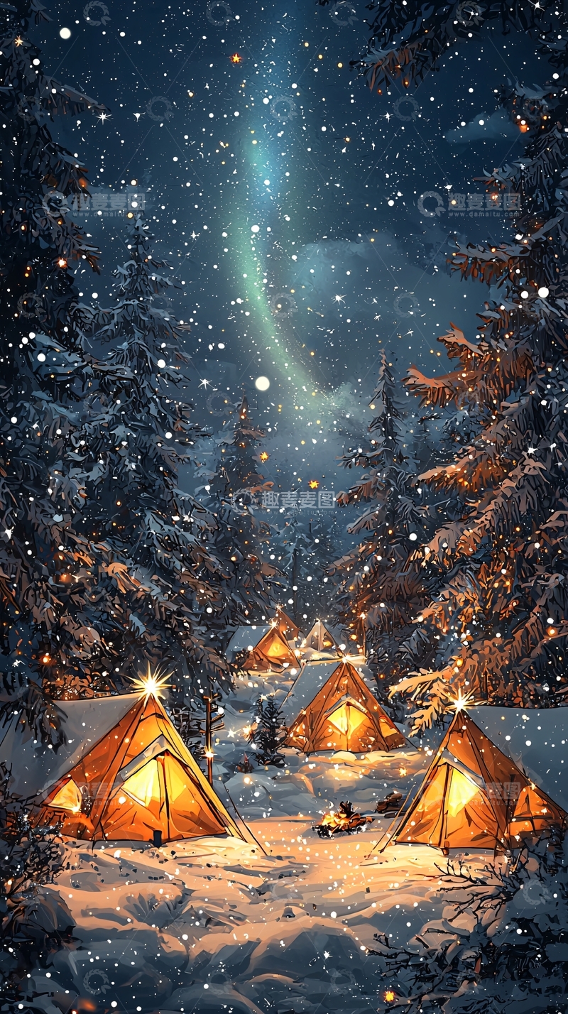 高清大图下载【趣麦麦图】冬季星空下的露营地