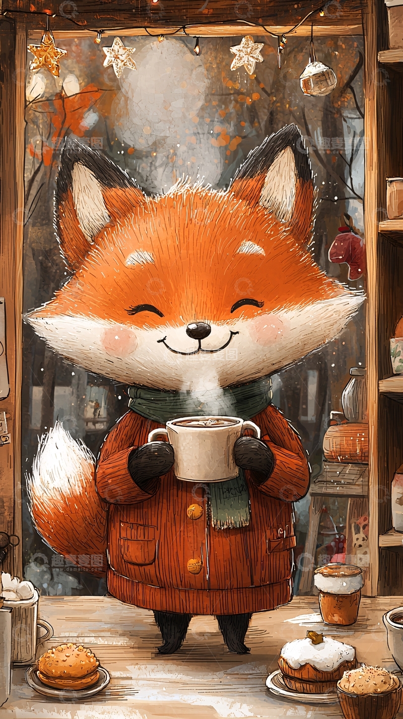 高清大图下载【趣麦麦图】暖心小狐狸喝热饮
