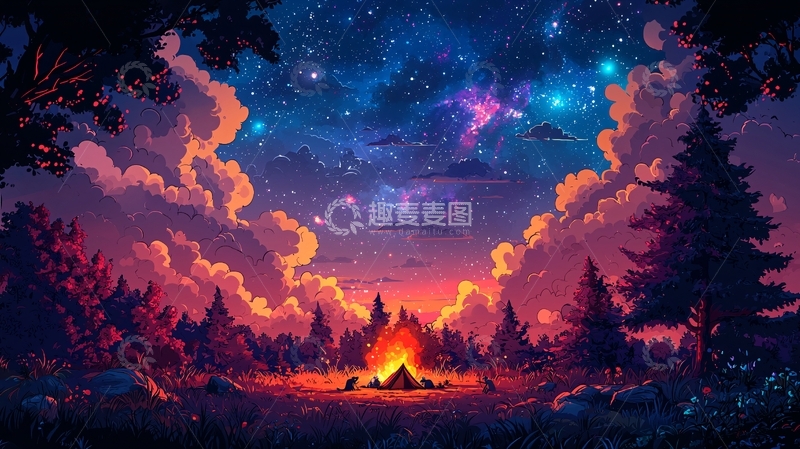 高清大图下载【趣麦麦图】星空下森林篝火的梦幻场景