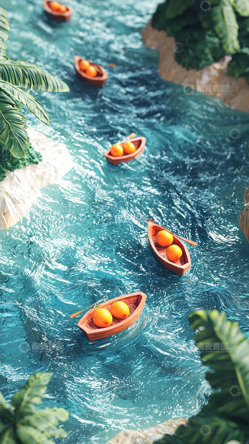 高清大图下载【趣麦麦图】橘子小船漂浮在蓝色河流中