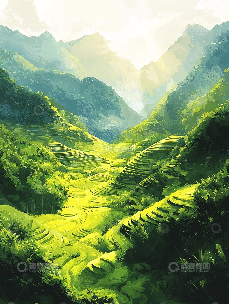高清大图下载【趣麦麦图】绿意盎然的梯田山谷