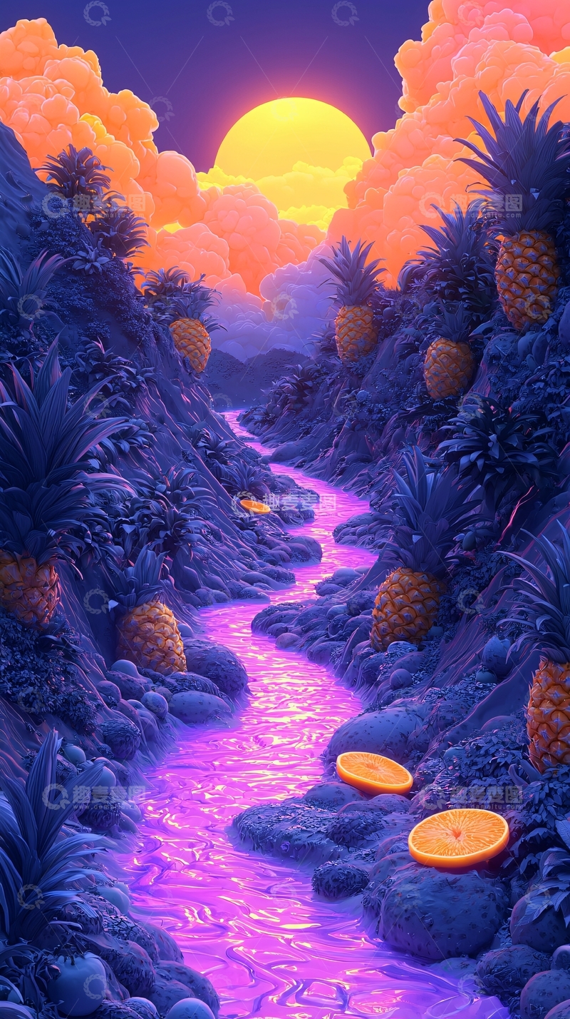 高清大图下载【趣麦麦图】紫色菠萝山间的河流