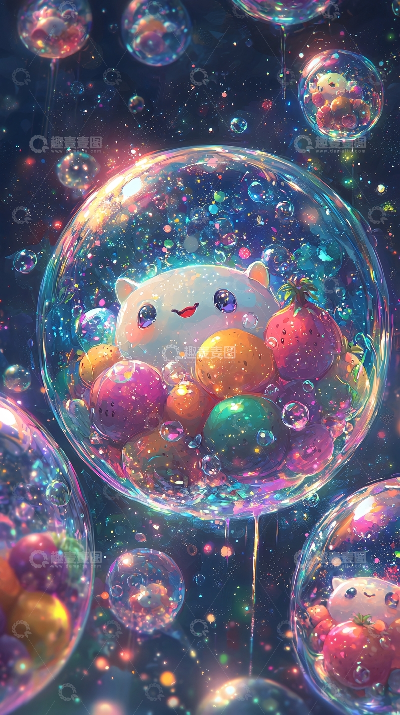高清大图下载【趣麦麦图】可爱小动物在彩色泡泡中