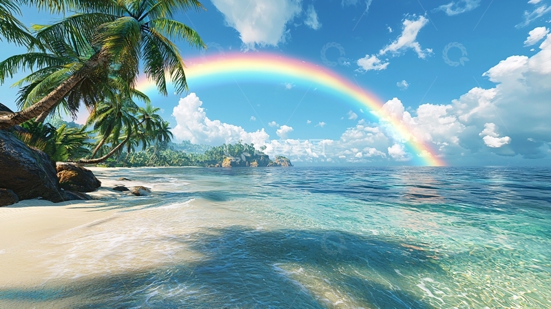 高清大图下载【趣麦麦图】彩虹海滩椰林