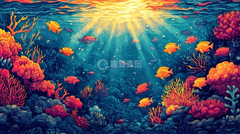 高清大图下载【趣麦麦图】海底珊瑚礁鱼群阳光