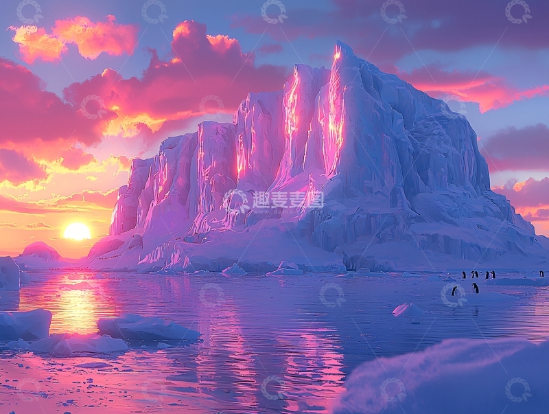高清大图下载【趣麦麦图】极地粉色冰山日落