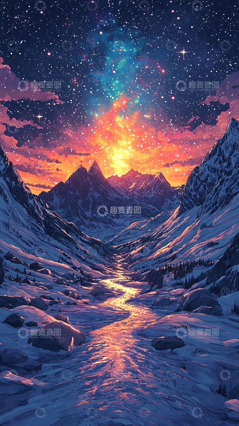 高清大图下载【趣麦麦图】星空雪山日出