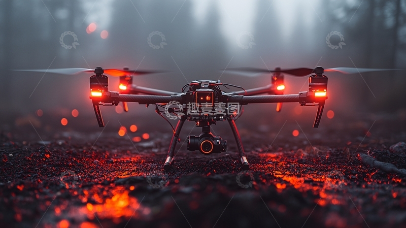 高清大图下载【趣麦麦图】雾气森林中红色无人机