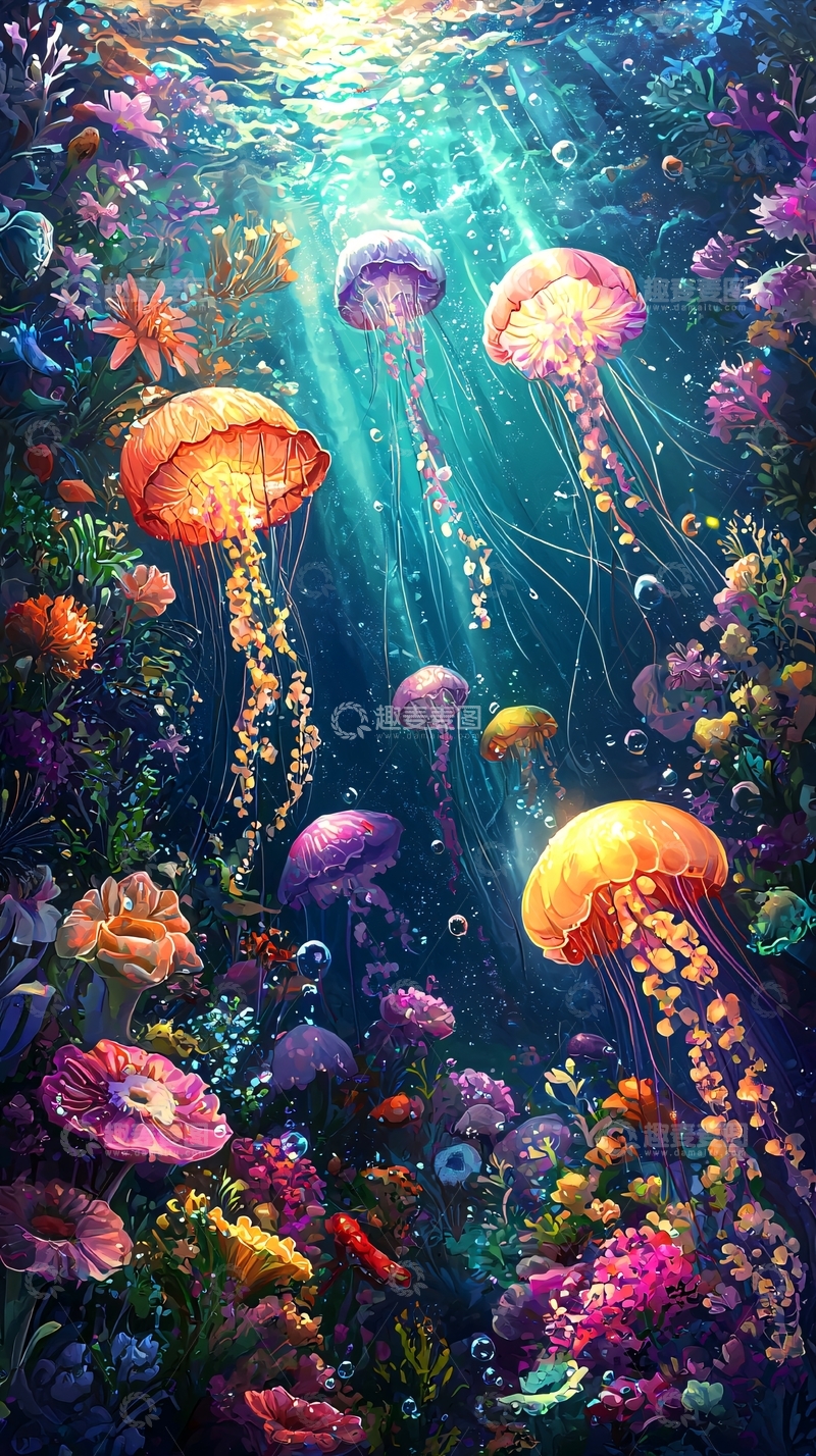 高清大图下载【趣麦麦图】梦幻水母珊瑚礁