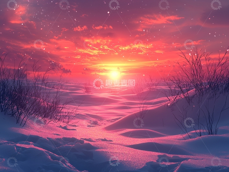 高清大图下载【趣麦麦图】粉色雪地日落星空