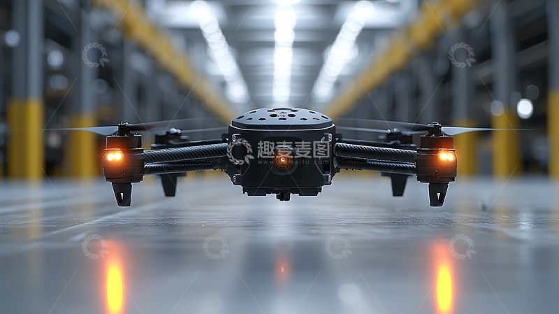 高清大图下载【趣麦麦图】仓库中飞行的黑色无人机