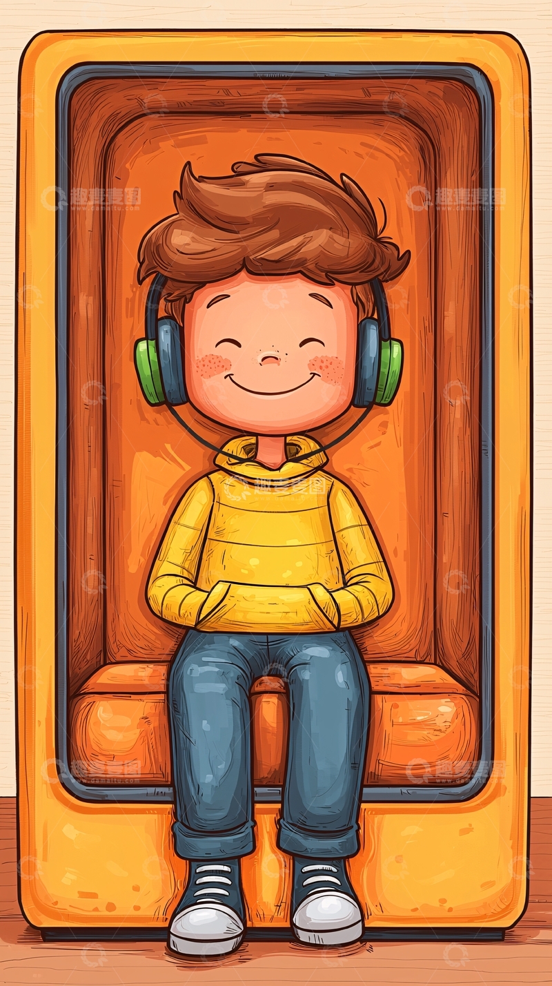 高清大图下载【趣麦麦图】卡通男孩听音乐很开心