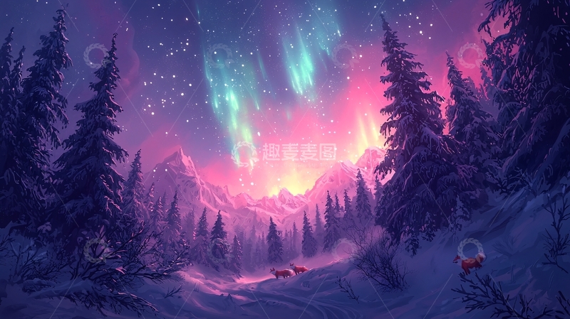 高清大图下载【趣麦麦图】极光下的雪山森林