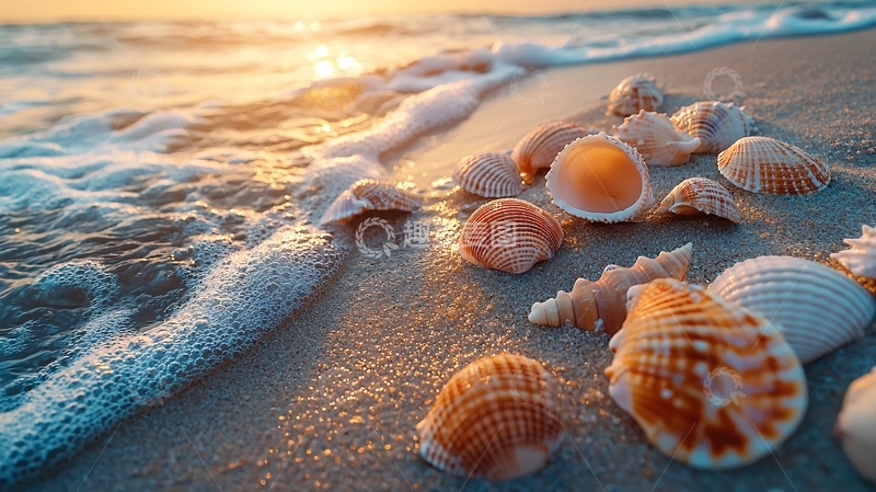 高清大图下载【趣麦麦图】海滩日出贝壳