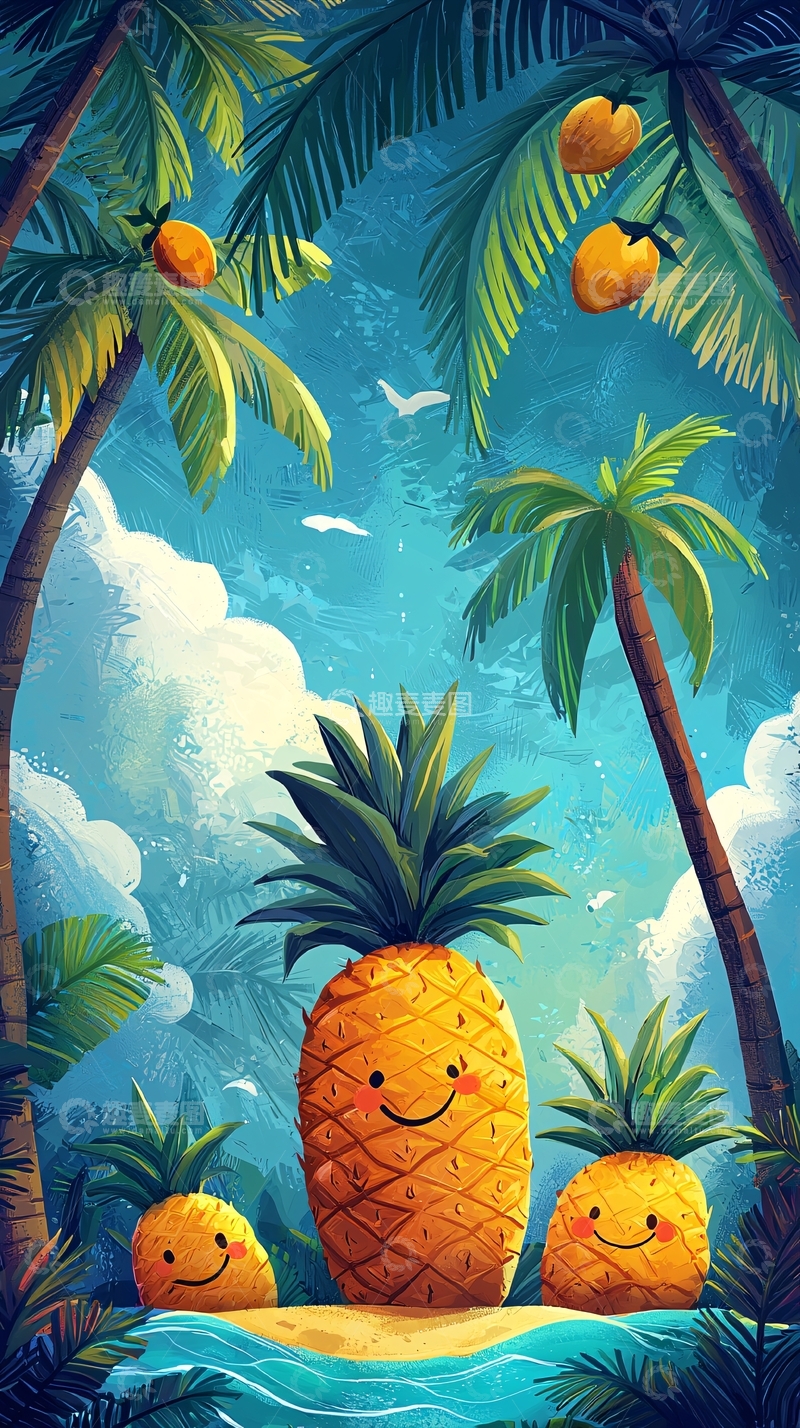 高清大图下载【趣麦麦图】热带海滩的卡通菠萝