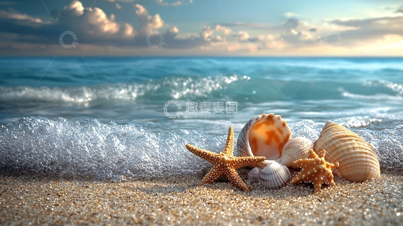 高清大图下载【趣麦麦图】海滩日出贝壳海星