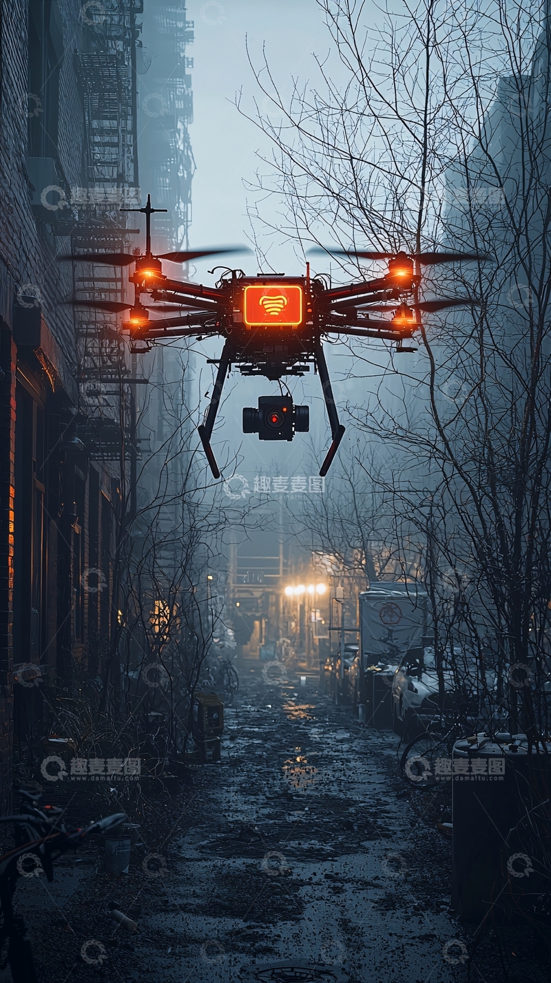 高清大图下载【趣麦麦图】无人机在阴暗城市巷道飞行