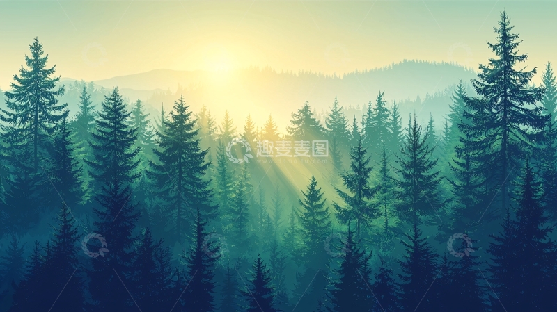 高清大图下载【趣麦麦图】森林日出光线穿透树木