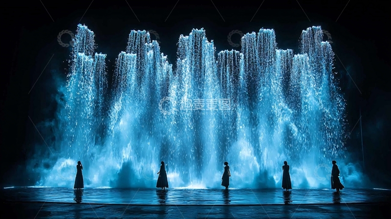 高清大图下载【趣麦麦图】夜幕下蓝色喷泉表演