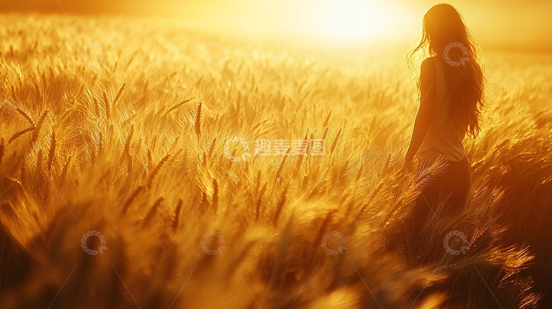 高清大图下载【趣麦麦图】夕阳麦田女孩剪影
