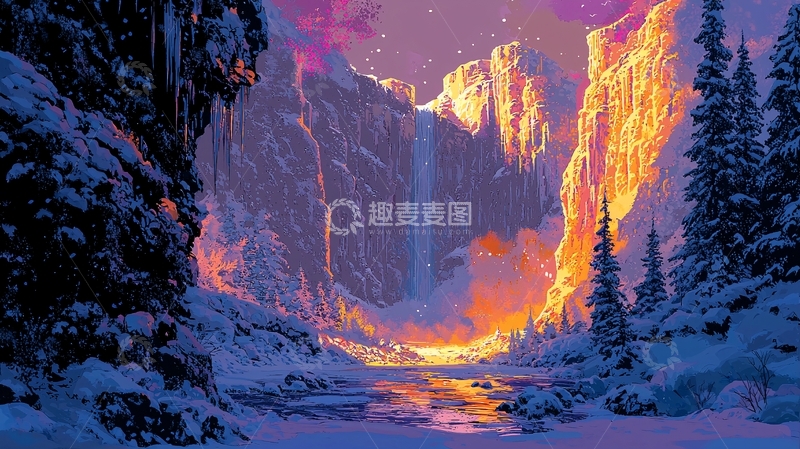 高清大图下载【趣麦麦图】冰雪覆盖的山谷瀑布