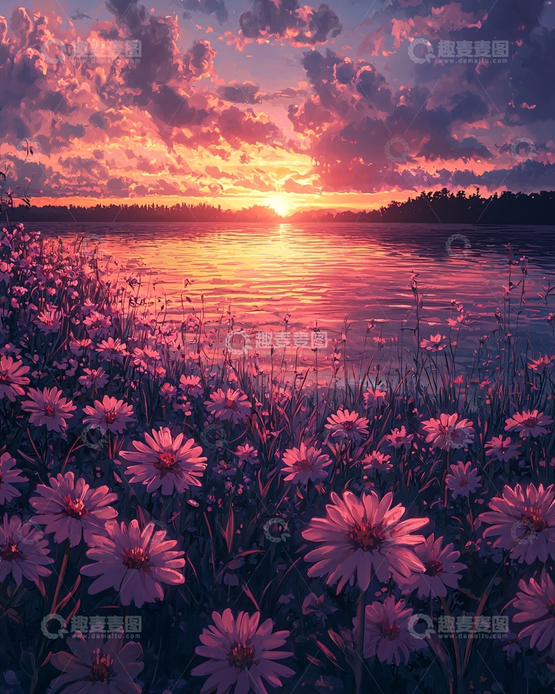 高清大图下载【趣麦麦图】日落湖边紫色花田