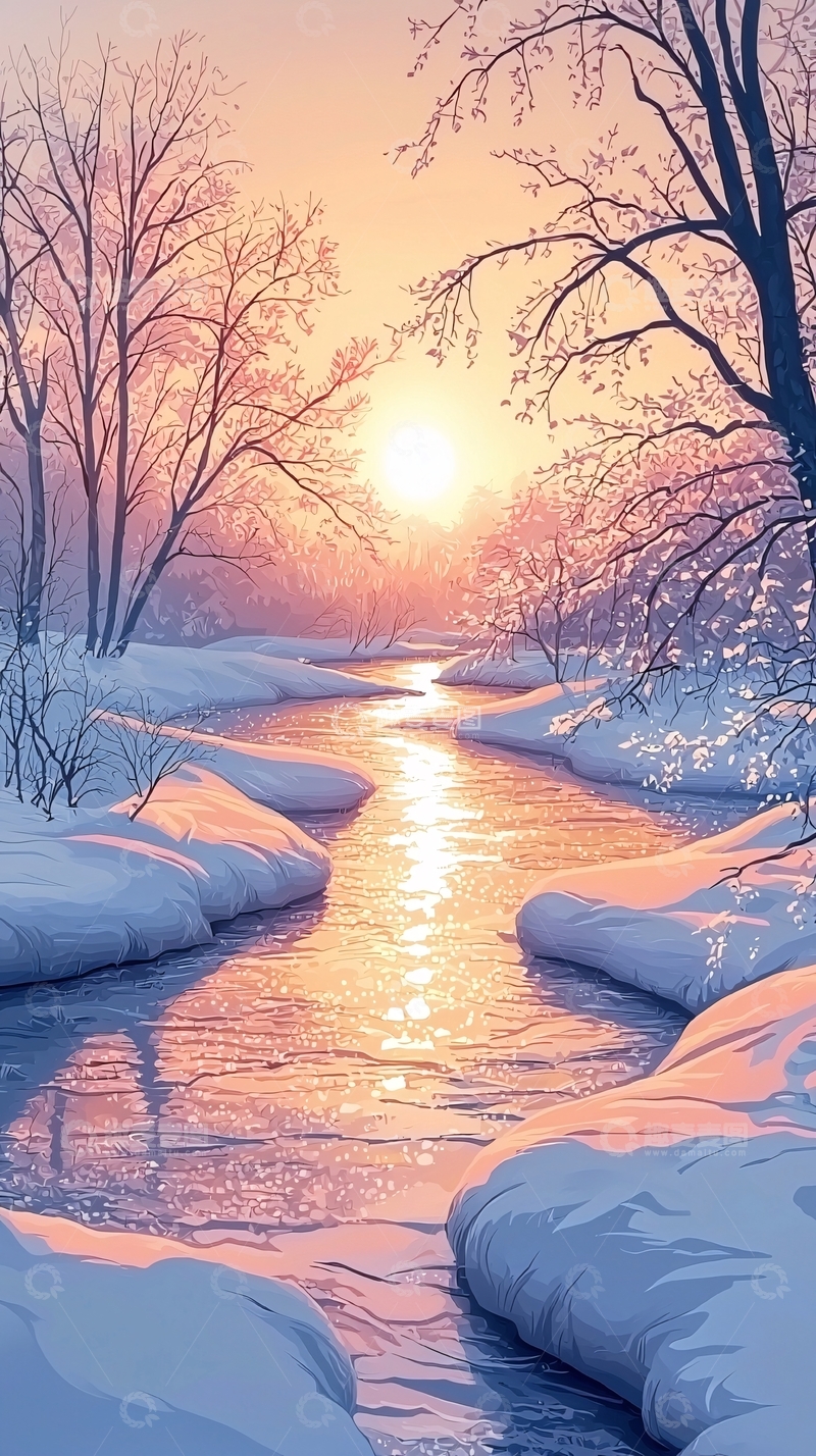 高清大图下载【趣麦麦图】冬日夕阳下的雪河