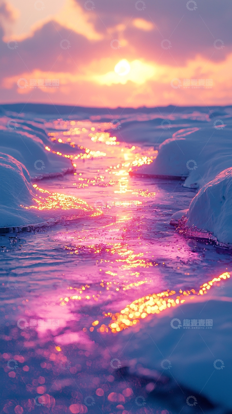 高清大图下载【趣麦麦图】冰雪覆盖的粉色日落
